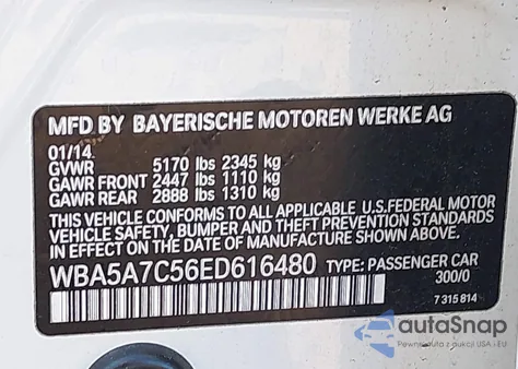 2014 BMW 528I xDrive z USA, uszkodzony, nr VIN WBA5A7C56ED616480